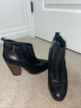 Coach Black Leather Ankle Booties with Stacked Wood Heel